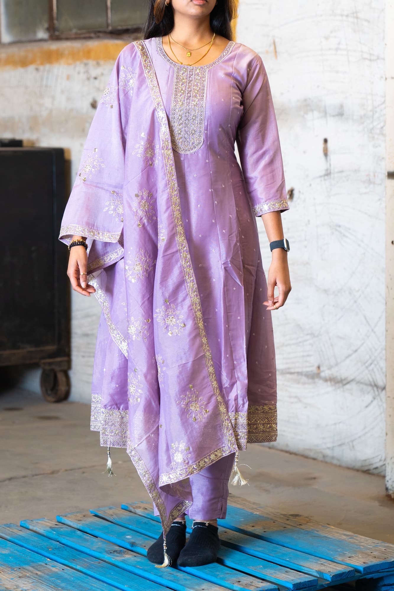 Lilac Metallic Anarkali with Silver Embroidery & Sequin Work