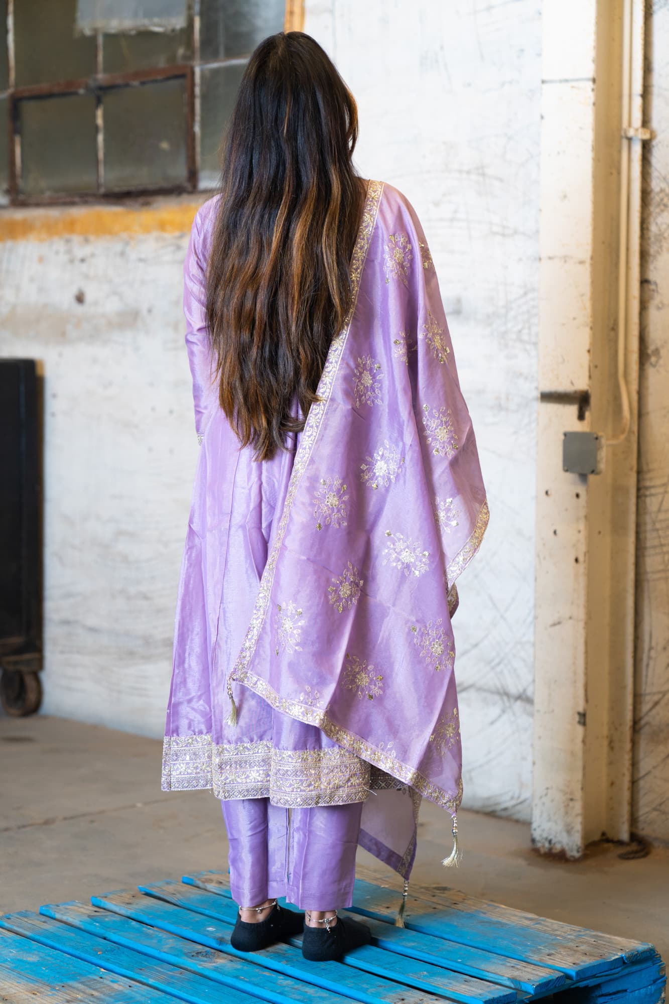 Lilac Metallic Anarkali with Silver Embroidery & Sequin Work
