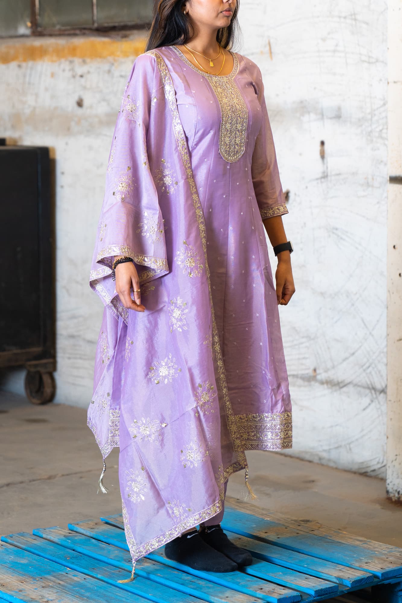 Lilac Metallic Anarkali with Silver Embroidery & Sequin Work