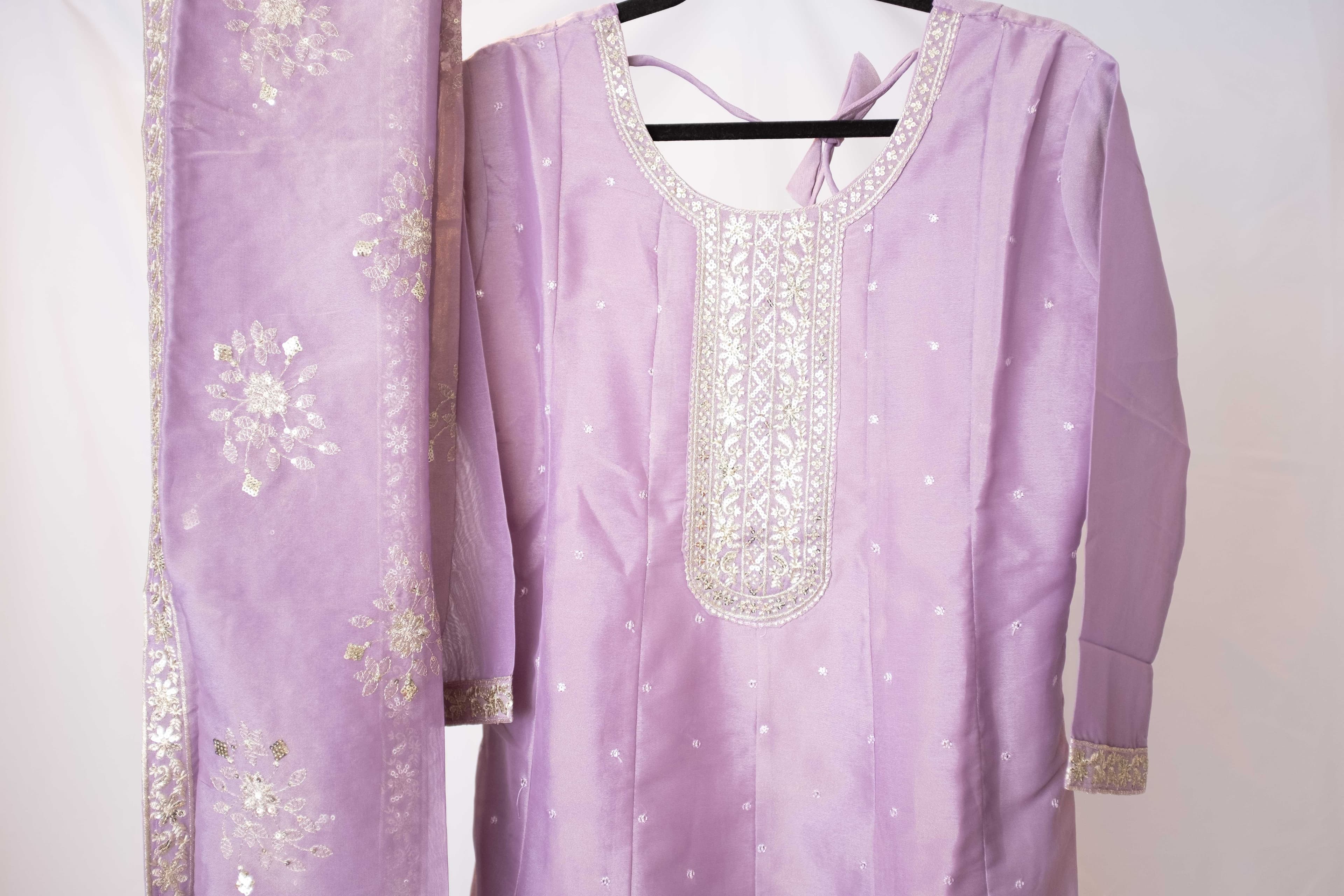 Lilac Metallic Anarkali with Silver Embroidery & Sequin Work