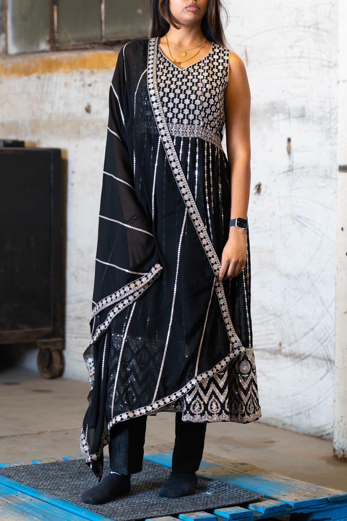 Midnight Blue Georgette Anarkali with Mirror Work