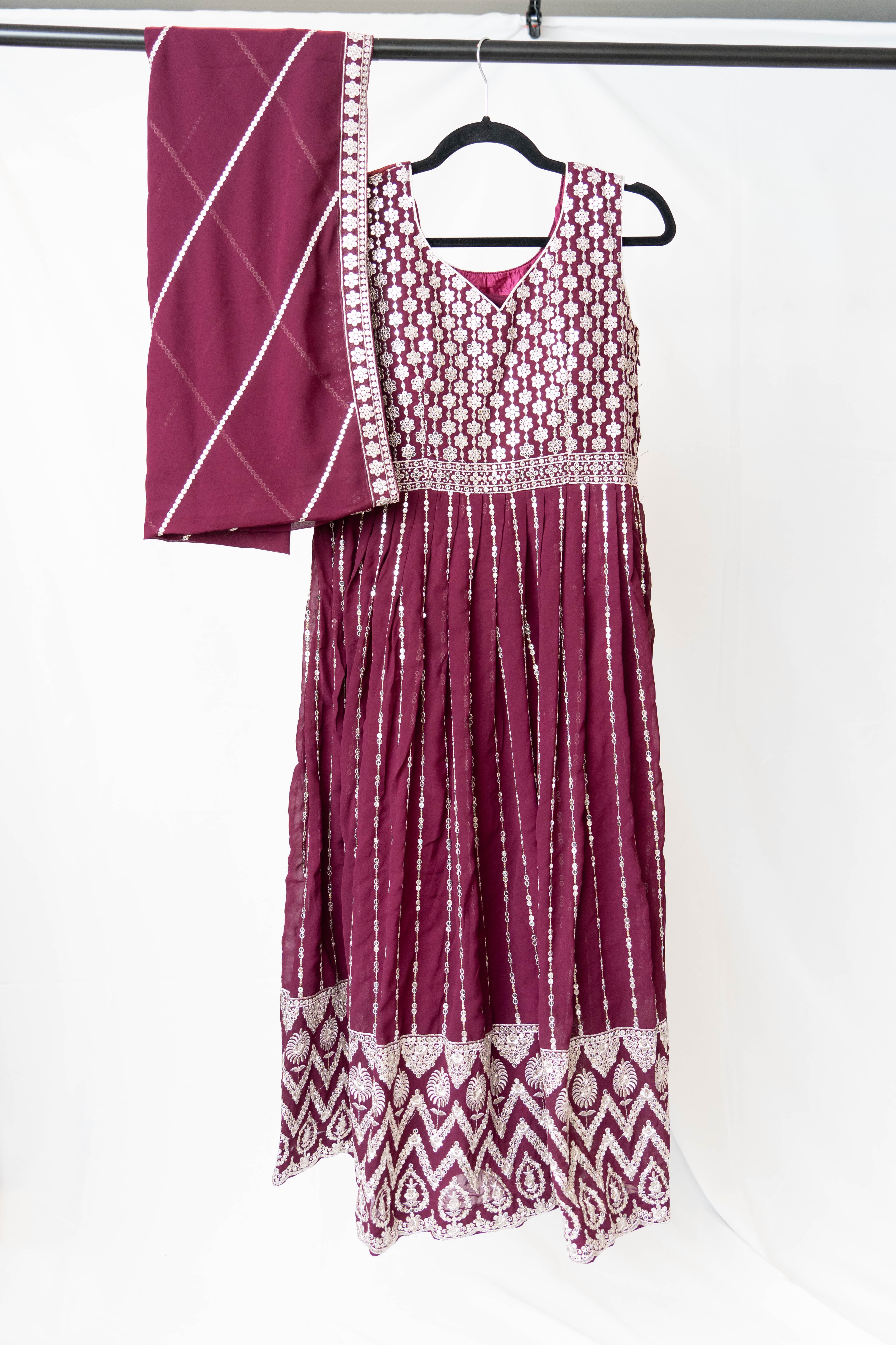 Eggplant Purple Georgette Anarkali with Mirror Work