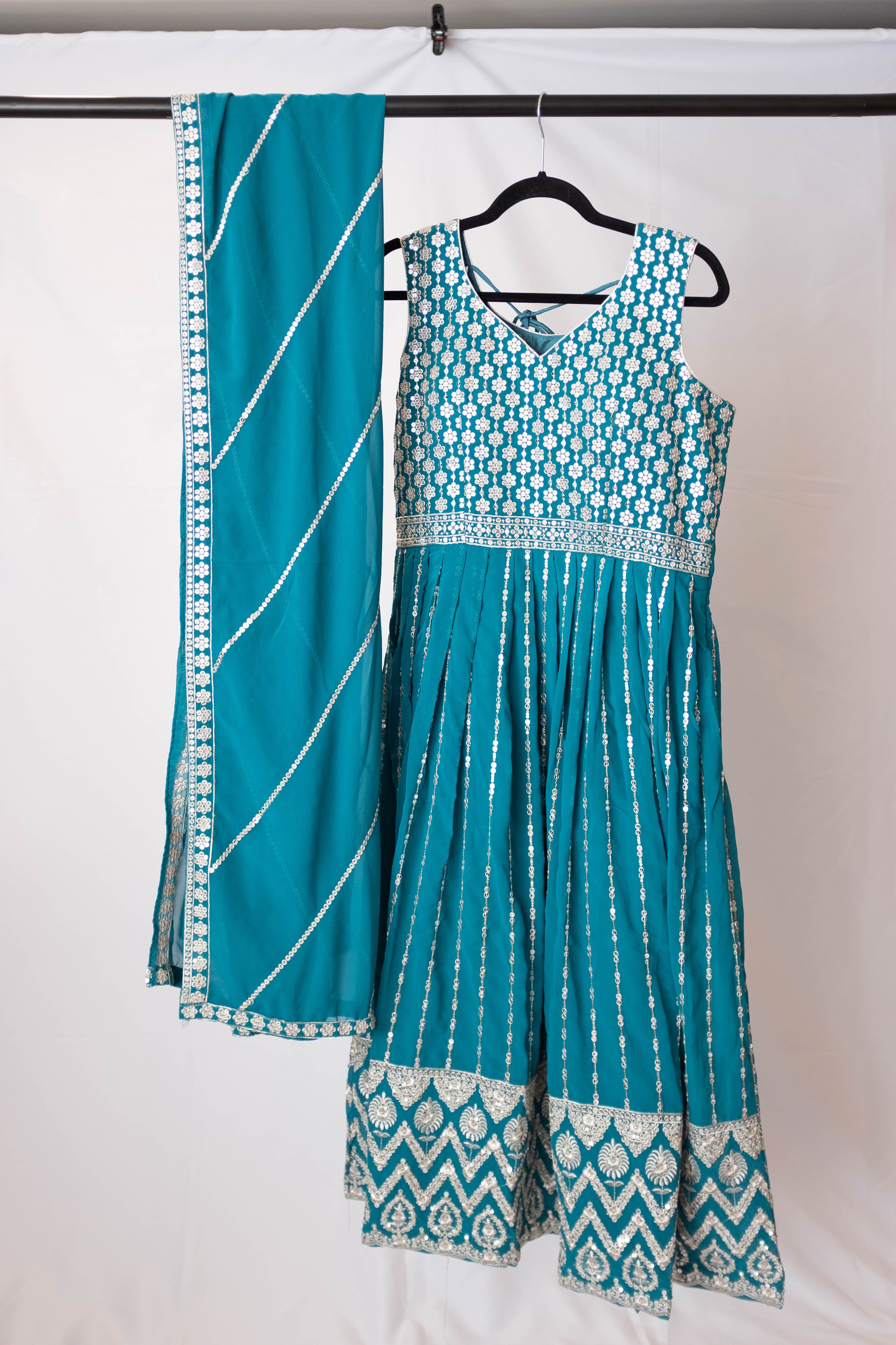 Teal Blue Georgette Anarkali with Mirror Work