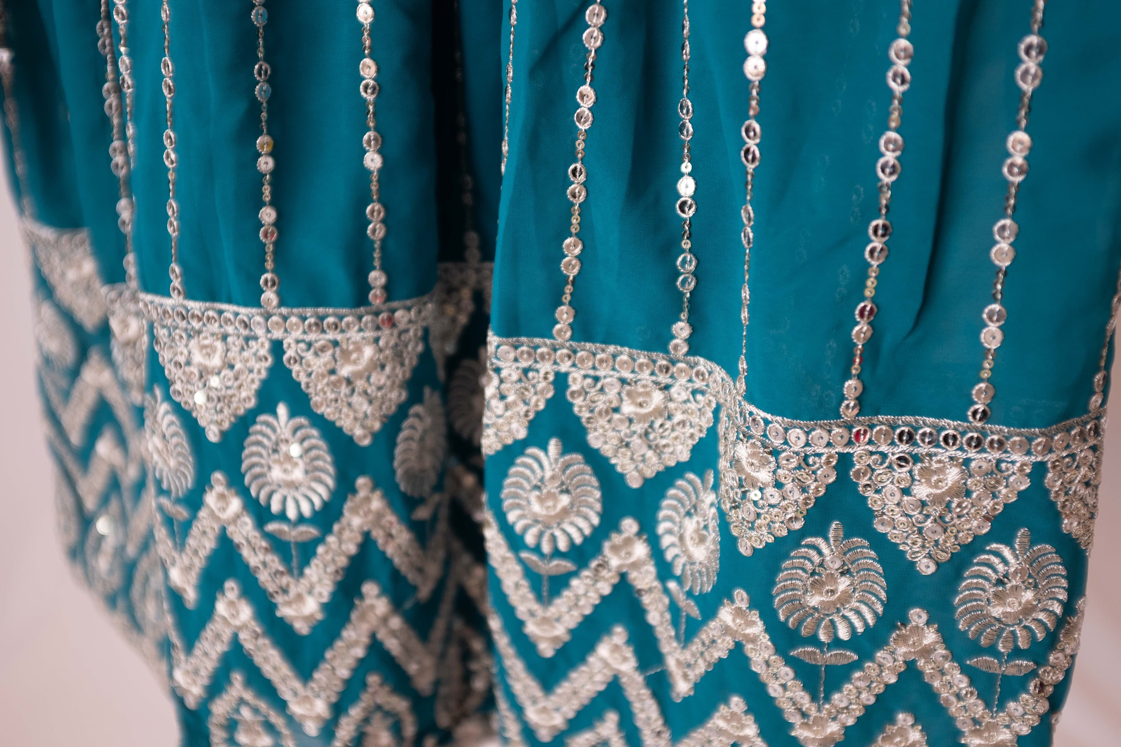 Teal Blue Georgette Anarkali with Mirror Work